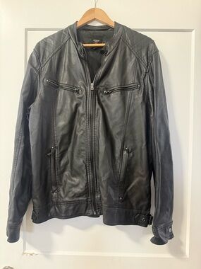 Guess Black Leather Quilted-Shoulder Bomber Jacket